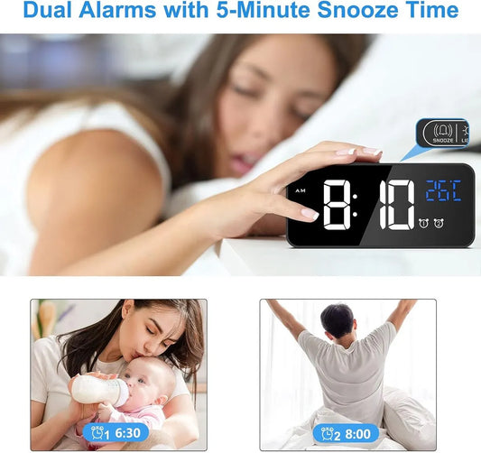 Digital alarm clock, LED digital clock with temperature display, portable mirror alarm clock, 13 alarm tones, USB rechargeable, 4 brightness settings and adjustable volume, 12/24 hour display - Image 6