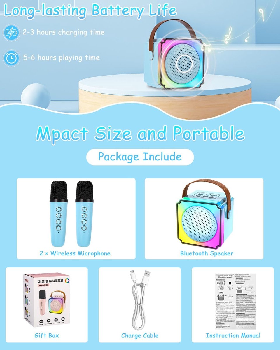 Children's karaoke machine with 2 microphones, portable karaoke machine with LED lights and voice changing effects, ideal gift for children (boys and girls) aged 5 to 12. - Image 4