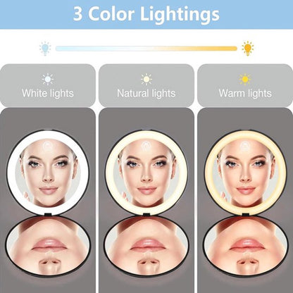 Double-sided makeup mirror with 10x magnifying LED lighting and adjustable brightness. Small, illuminated mirror with adjustable intensity, ideal for handbags. Black. - Image 5