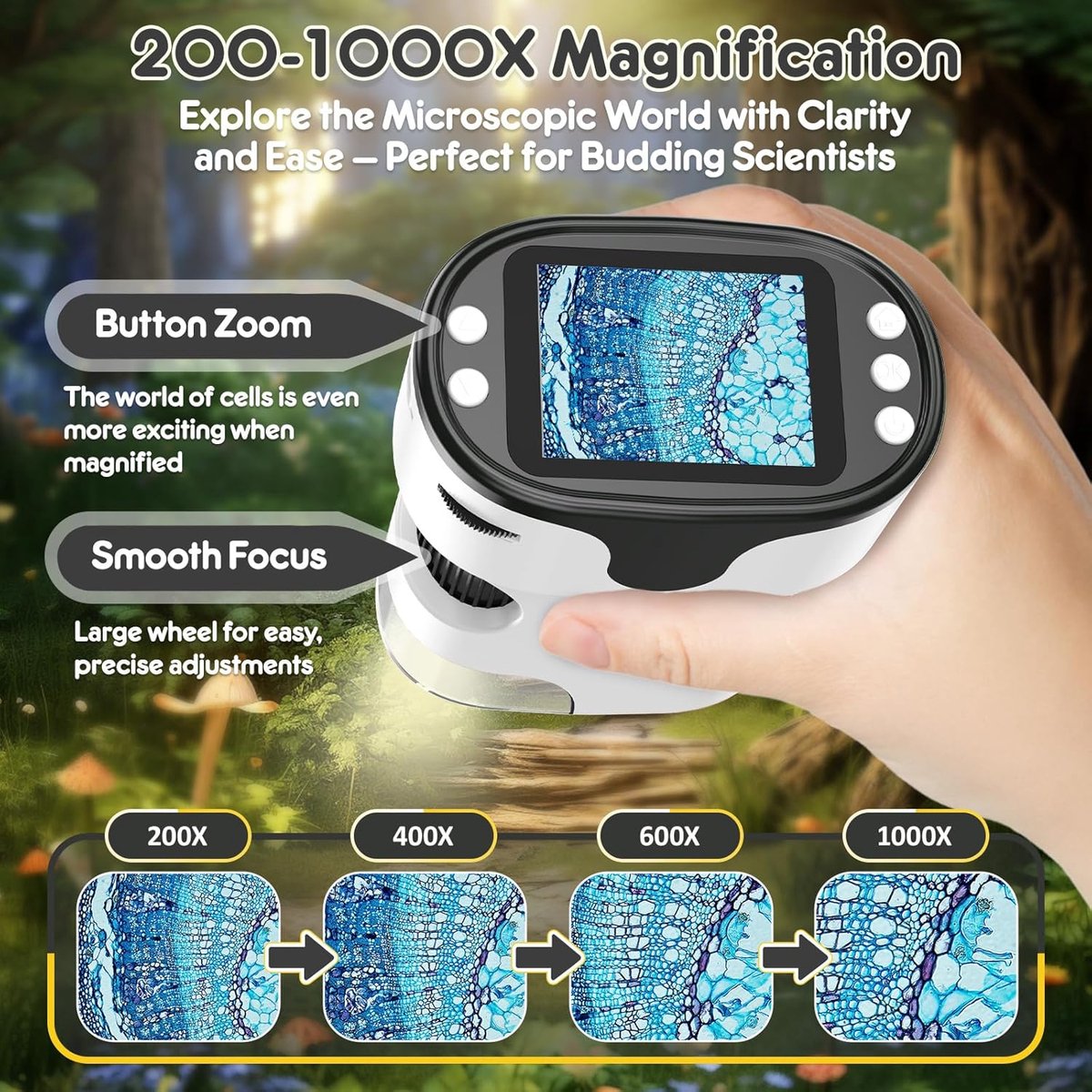 Children's Microscope - 1000X Portable Digital Microscope - 0-inch Screen - Rechargeable - With Slide Set - Mini Pocket Telescope, Educational Gift for Children Ages 4-12 - Image 3