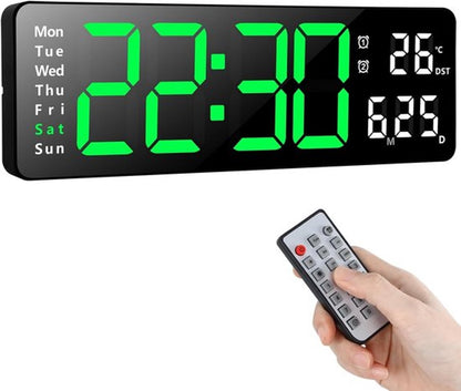 Digital Clock - Wall Clock - LED Display - 13-inch LED Digital Clock - Remote Control - Modern Design - Adjustable Brightness - Time, Date, Temperature - Living Room, Kitchen, Office, Gym