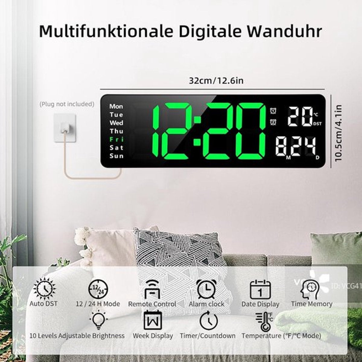 Digital Clock - Wall Clock - LED Display - 13-inch LED Digital Clock - Remote Control - Modern Design - Adjustable Brightness - Time, Date, Temperature - Living Room, Kitchen, Office, Gym - Image 4