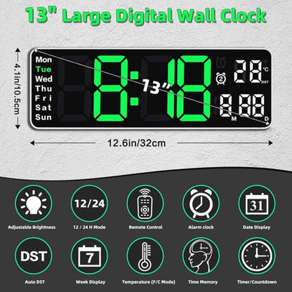 Digital Clock - Wall Clock - LED Display - 13-inch LED Digital Clock - Remote Control - Modern Design - Adjustable Brightness - Time, Date, Temperature - Living Room, Kitchen, Office, Gym - Image 6