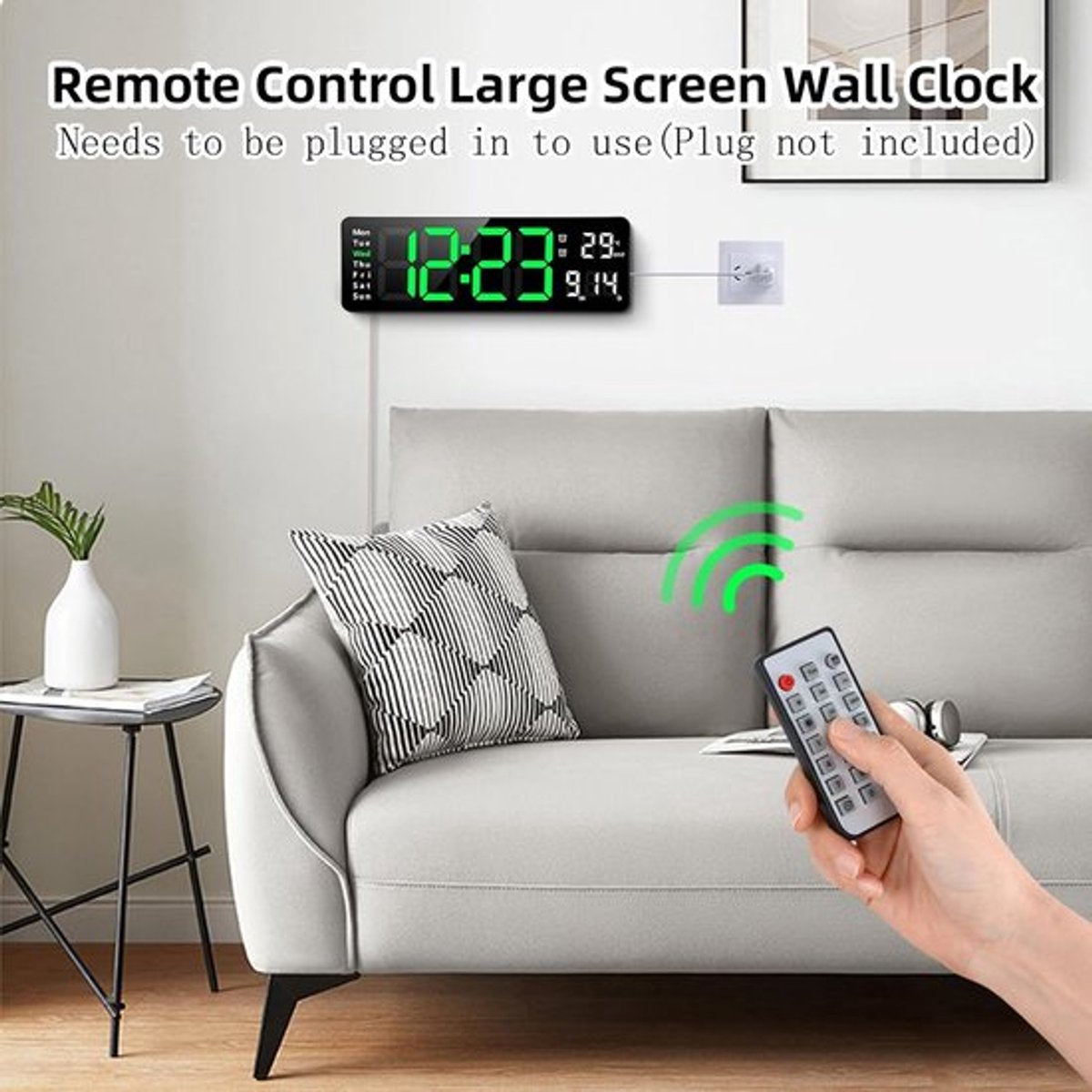 Digital Clock - Wall Clock - LED Display - 13-inch LED Digital Clock - Remote Control - Modern Design - Adjustable Brightness - Time, Date, Temperature - Living Room, Kitchen, Office, Gym - Image 7