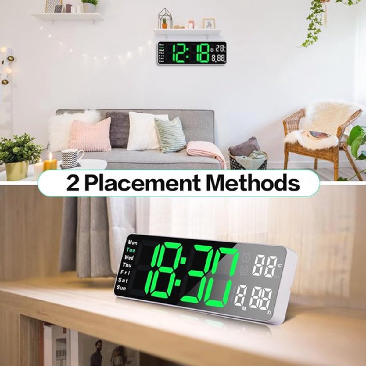 Digital Clock - Wall Clock - LED Display - 13-inch LED Digital Clock - Remote Control - Modern Design - Adjustable Brightness - Time, Date, Temperature - Living Room, Kitchen, Office, Gym - Image 8