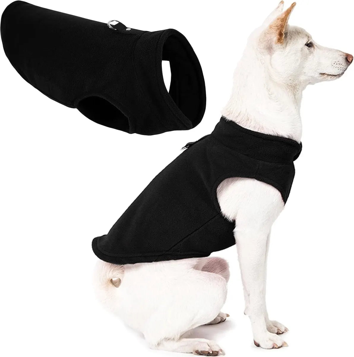Dog Coat - Fleece Vest - Dog Sweater - Warm Winter Coat - Pull-On Fleece Coat - Leash with Ring - Perfect for Small and Medium Dogs - Black - Size XL