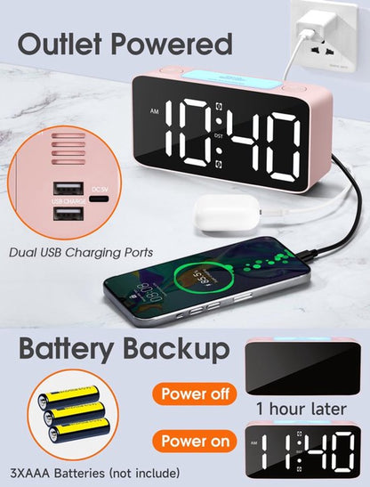 Digital Night Light - Klok Extra Powerful - 7 Colors - Ideal for Heavy Sleepers - Adjustable Volume and USB Charging - Place on the Bedside Table - Pink - Image 2