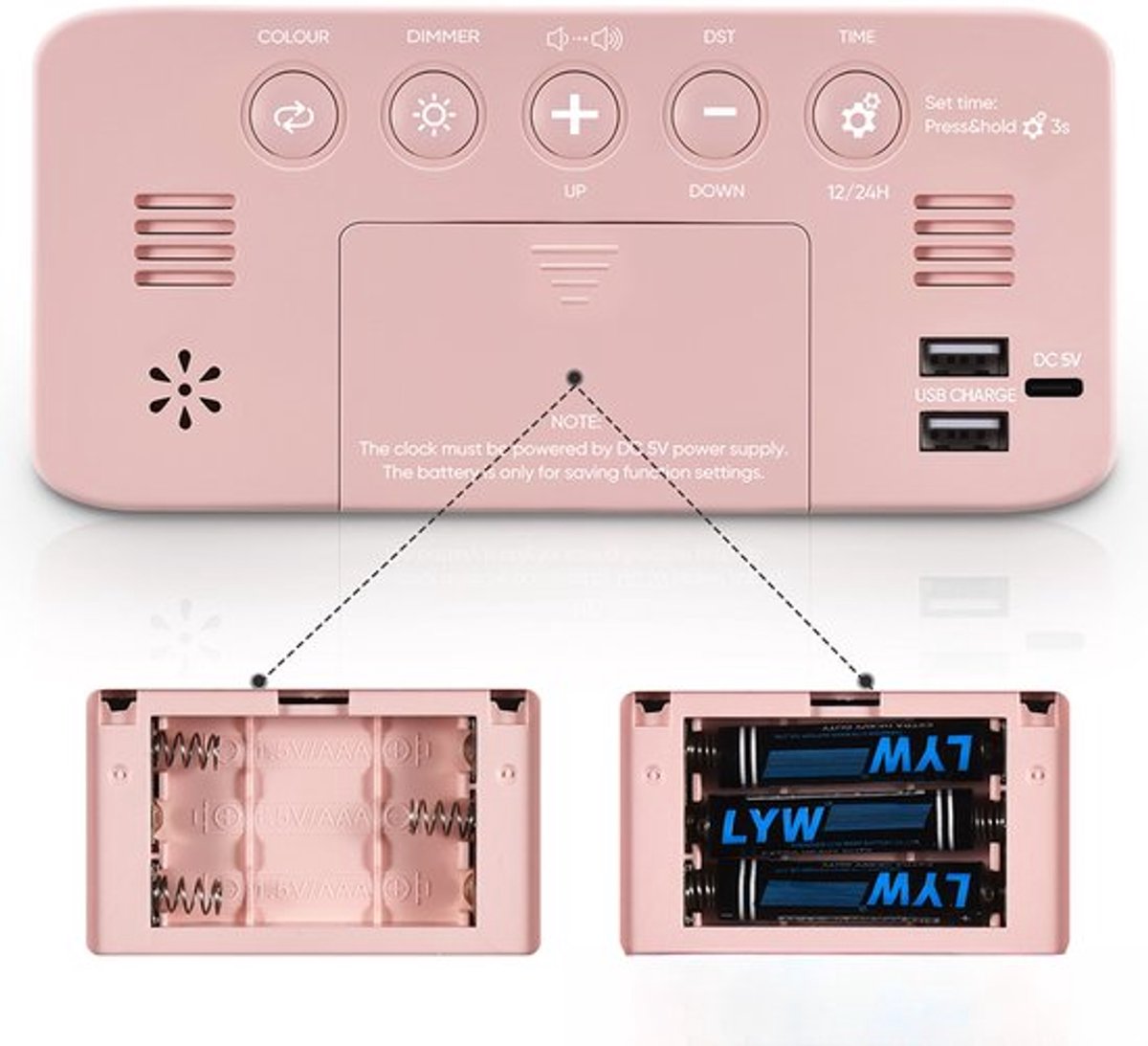 Digital Night Light - Klok Extra Powerful - 7 Colors - Ideal for Heavy Sleepers - Adjustable Volume and USB Charging - Place on the Bedside Table - Pink - Image 7