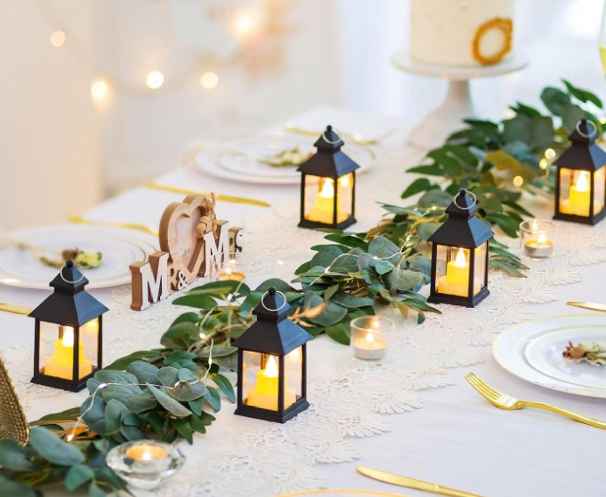 Decorative black lanterns for outdoor tables - Set of 2 mini LED metal lanterns for Halloween, weddings, Ramadan, gardens, Christmas, balconies, indoor and outdoor parties - Image 3