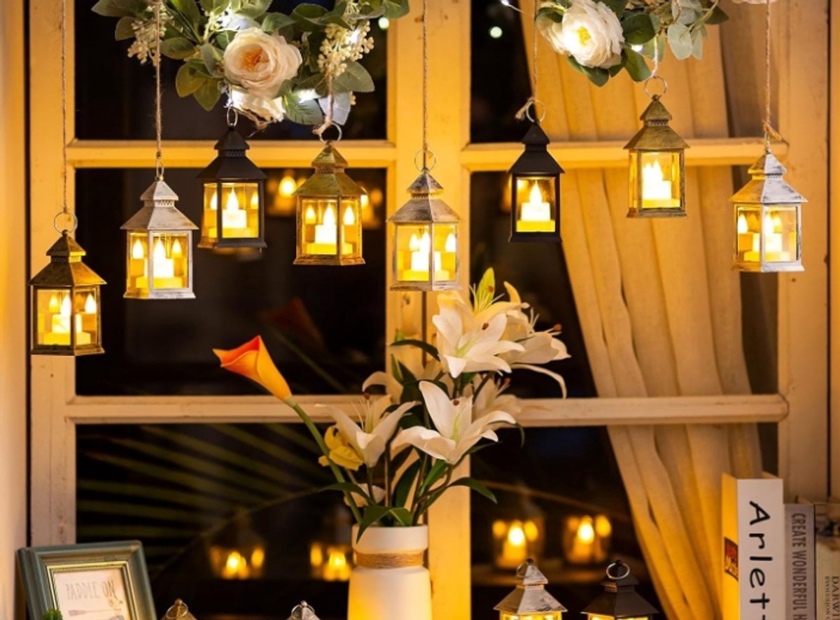 Decorative black lanterns for outdoor tables - Set of 2 mini LED metal lanterns for Halloween, weddings, Ramadan, gardens, Christmas, balconies, indoor and outdoor parties - Image 5