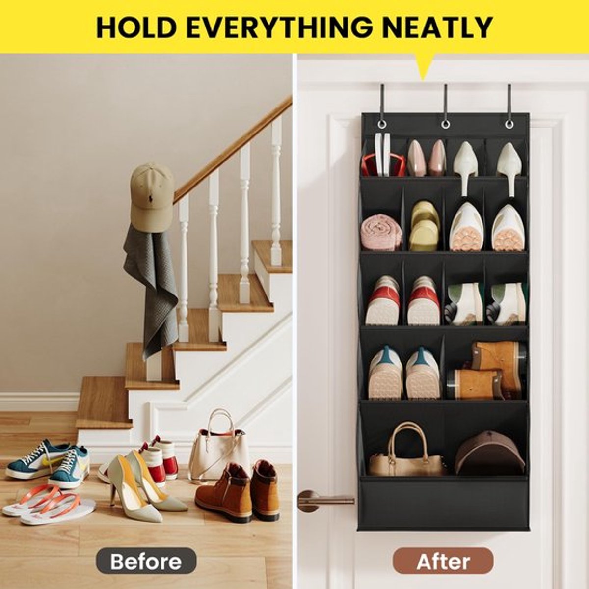 Hanging Shoe Organizer - Shoe Storage - 15 Large Compartments - Met Haken - Over-the-Door Organizer - Space-Saving Shoe Organizer - For Shoes, Home Accessories - Black - Image 2