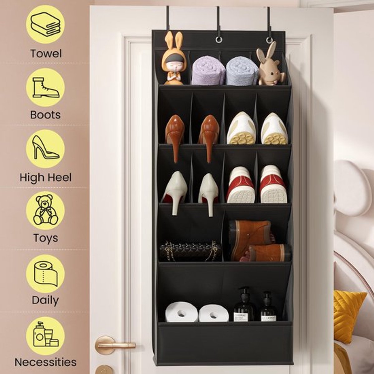 Hanging Shoe Organizer - Shoe Storage - 15 Large Compartments - Met Haken - Over-the-Door Organizer - Space-Saving Shoe Organizer - For Shoes, Home Accessories - Black - Image 4