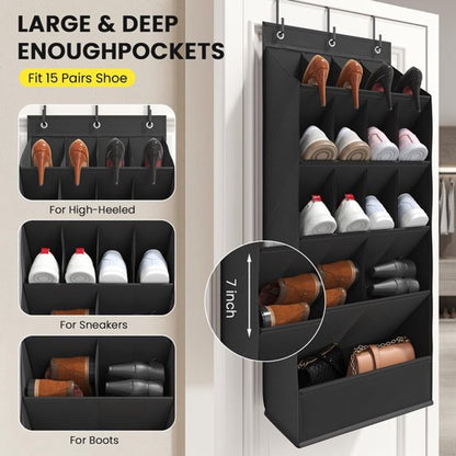 Hanging Shoe Organizer - Shoe Storage - 15 Large Compartments - Met Haken - Over-the-Door Organizer - Space-Saving Shoe Organizer - For Shoes, Home Accessories - Black - Image 6