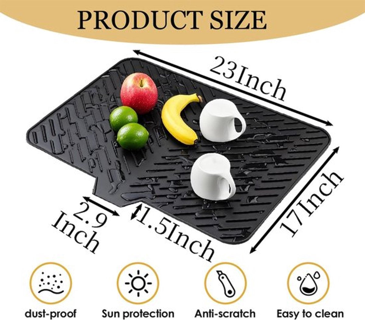 Silicone dish draining mat with integrated rim, heat-resistant, eco-friendly, waterproof, and non-slip. Ideal for dishes, bars, washing up, or any other use. Dimensions: 58 x 43 cm. Color: Black. - Image 4