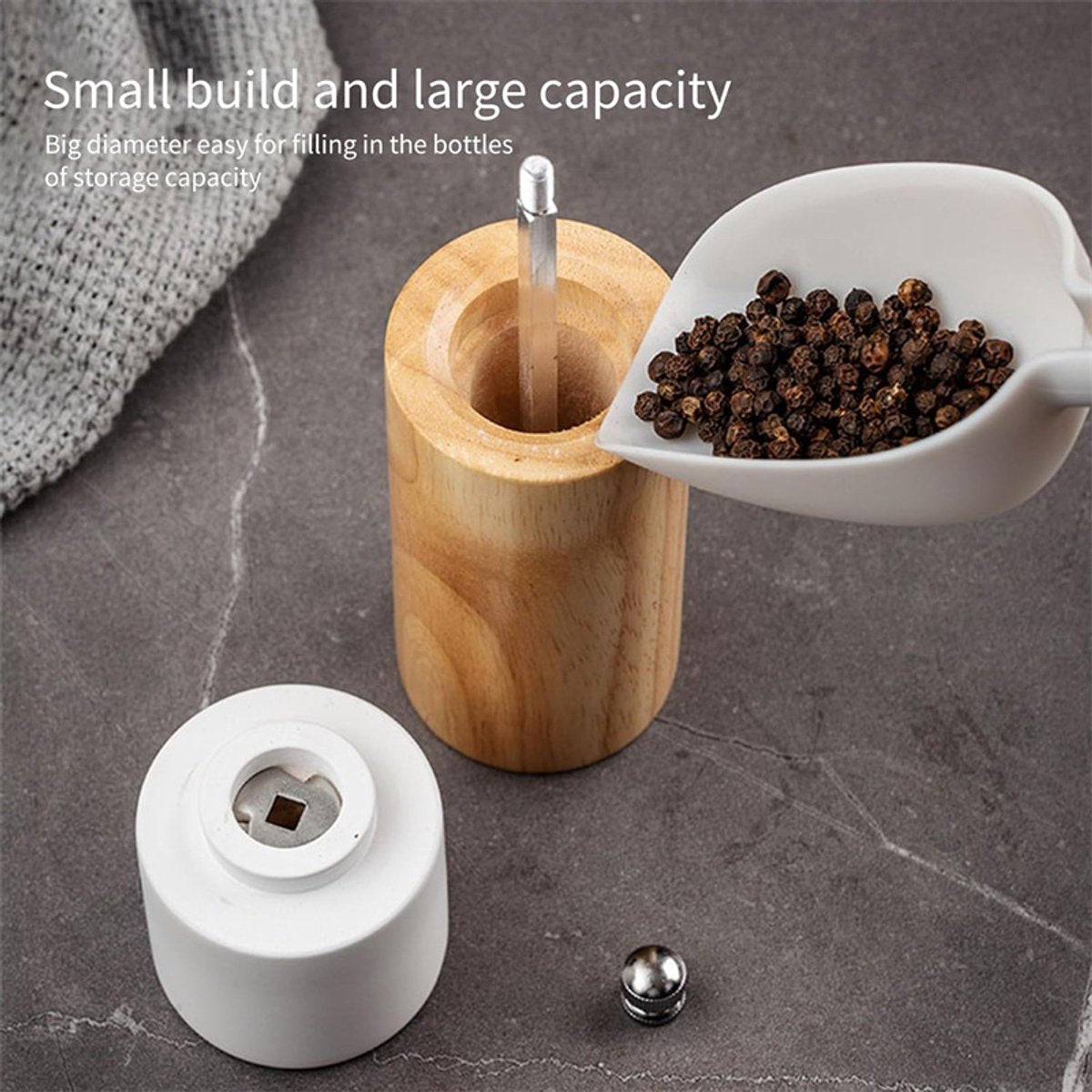 Salt and Pepper Mill — Wooden Pepper Mill — Premium Salt and Spice Mill — Wooden Salt Mill with Adjustable Ceramic Core — Manual, Refillable Salt and Pepper Mill for Spices/Sea Salt/Chili/Pepper (Black) - Image 3
