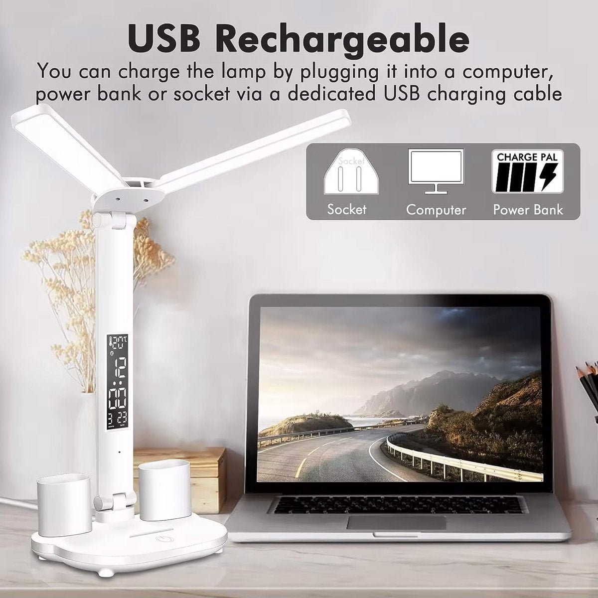 LED Desk Lamp - Table Lamp - Daylight Lamp - Dimmable - USB Rechargeable Touch Desk Lamp - Reading Lamp with Eye Protection in 3 Colors - 3-in-1 LCD Screen - Image 2