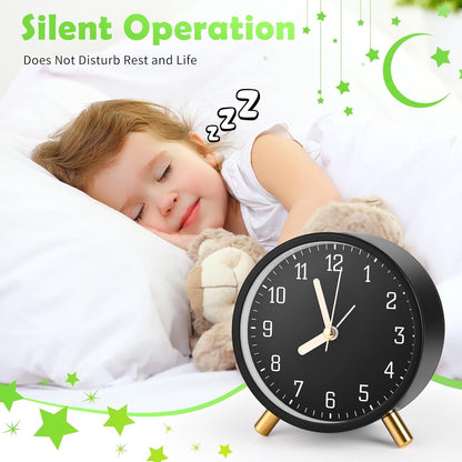 Classic analog Wekker alarm clock, no ticking, with snooze function, ultra-quiet, with night light, battery operated, elegant round metal alarm clock (black) - Image 2