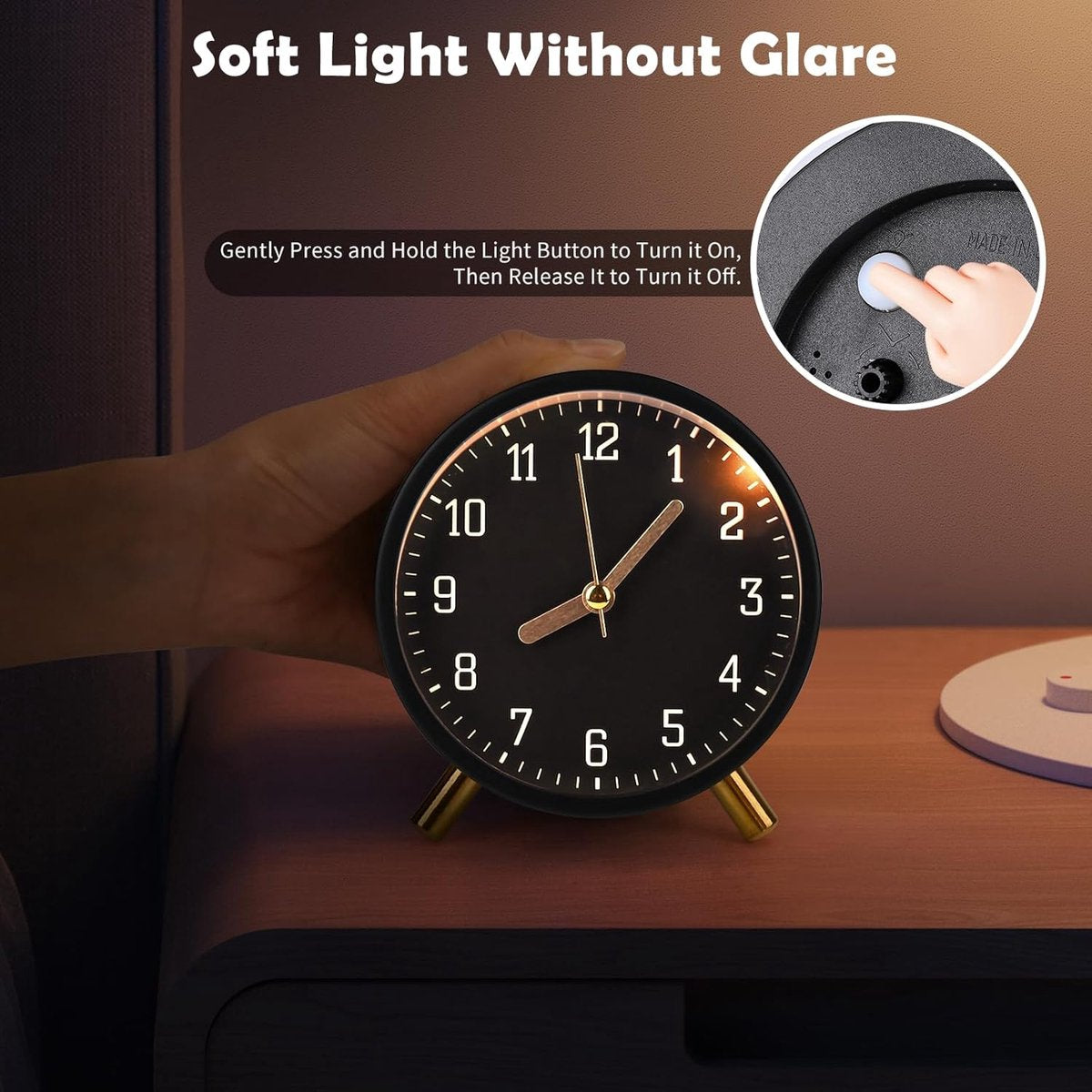 Classic analog Wekker alarm clock, no ticking, with snooze function, ultra-quiet, with night light, battery operated, elegant round metal alarm clock (black) - Image 3