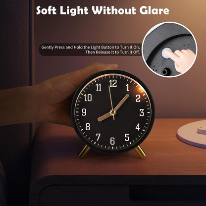 Classic analog Wekker alarm clock, no ticking, with snooze function, ultra-quiet, with night light, battery operated, elegant round metal alarm clock (black) - Image 3
