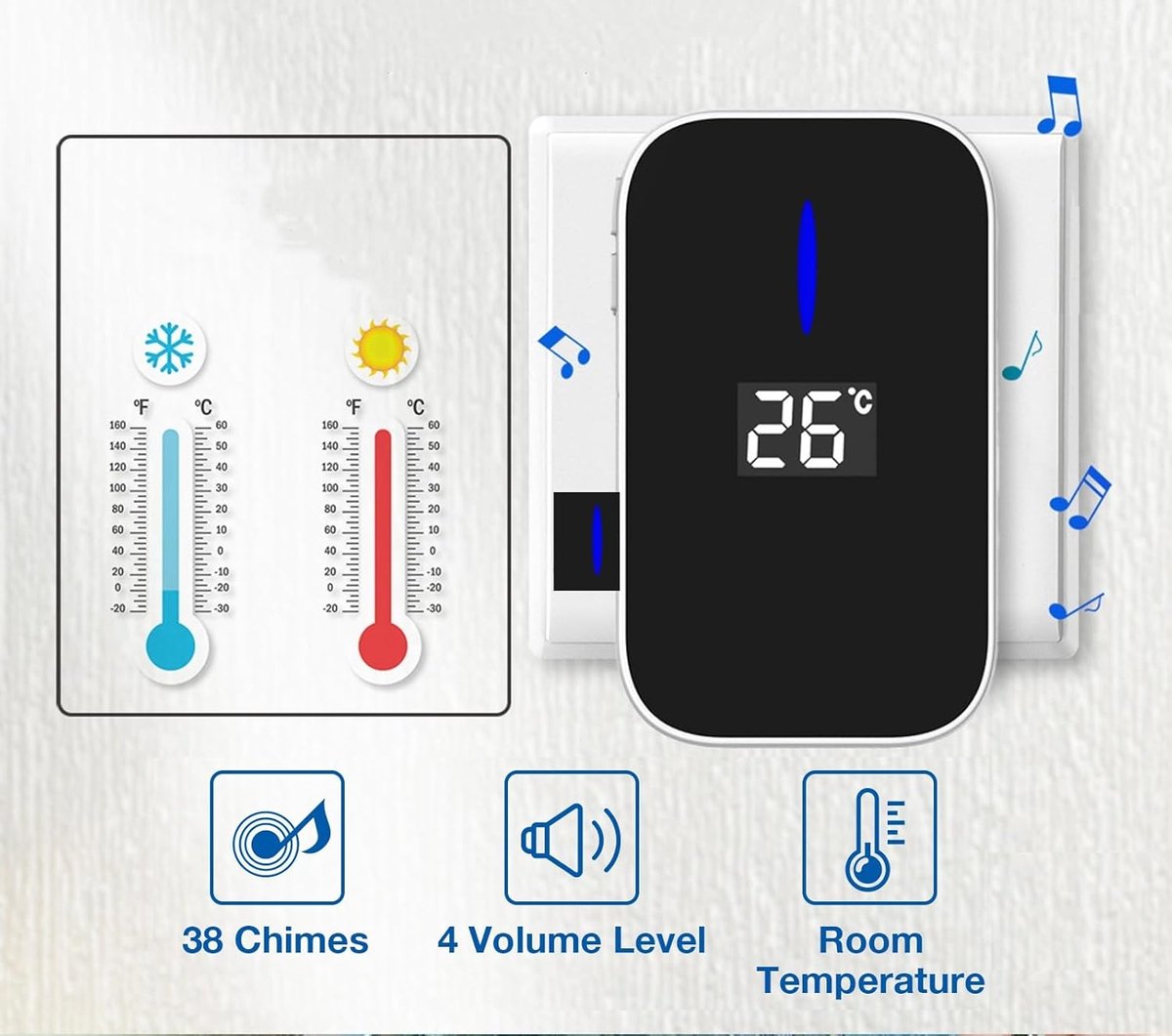 Wireless Doorbell - Doorbells - Wireless Doorbell - Battery-Free Wireless Doorbell - Self-winding Doorbell Button with Electronic Chime - Temperature Display - For Home and Office (White, 1+1) - Image 6