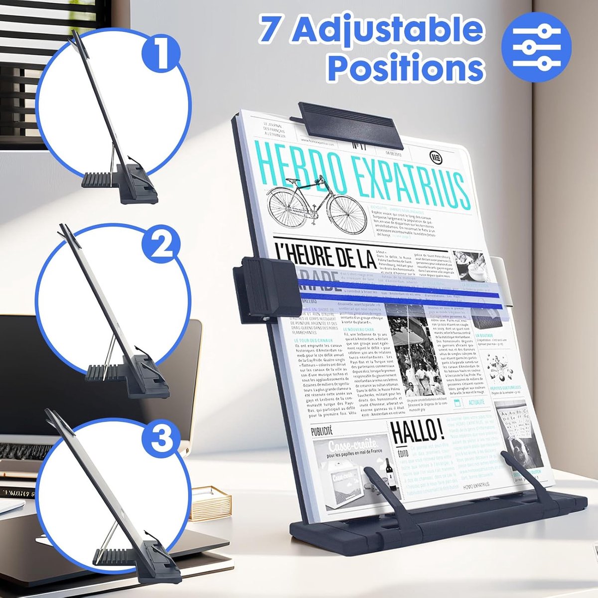 Book stand, reading shelf, paper holder, document holder with 7 adjustable positions, desk paper holder for reading A4 letters, books, receipts, sheet music, textbooks while typing - Image 5