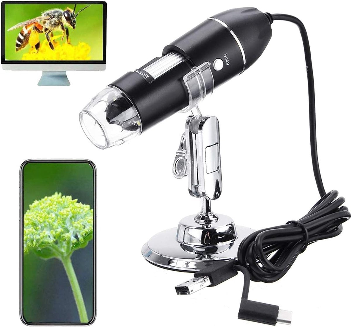 Microscope - Children's Microscope - USB Type-C Digital Microscope - 3 in 1, 50X-1600X Magnification - Adapter and Endoscope with Stand - Black - Image 3