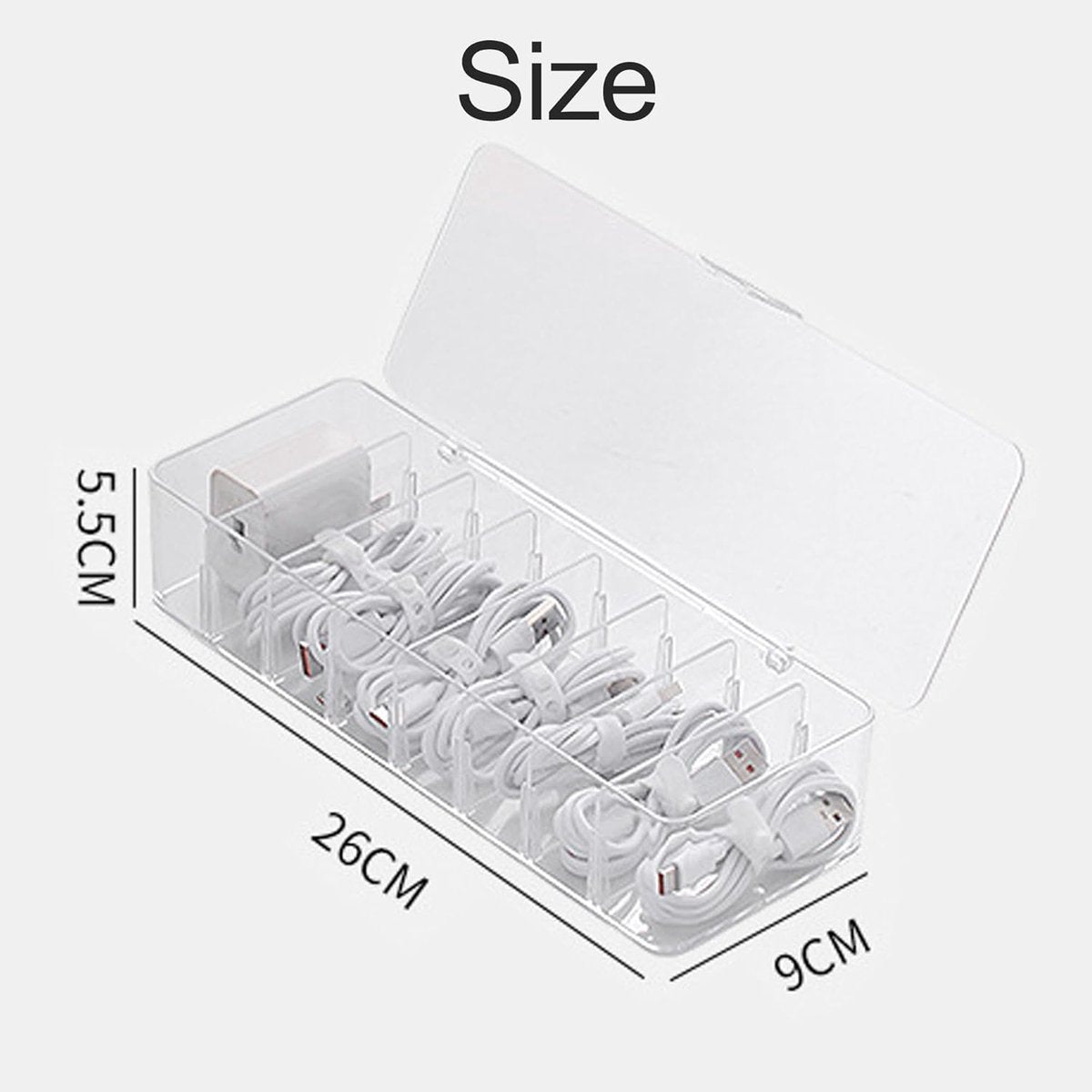 Cable storage box - Cable organizer with 10 cable ties - Cable storage box - Clear plastic storage box for office, workbench, living room, bedroom (large size with lid) - Image 3