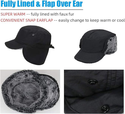 Beanie - Men's Beanie - Men's Winter Beanie - Warm Hats - With Ear Flaps - Ideal for Cold Weather - Faux Fur Lining - Unisex - Warmth - Winter - Sport - Outdoors - Gift Idea - Black - Image 3