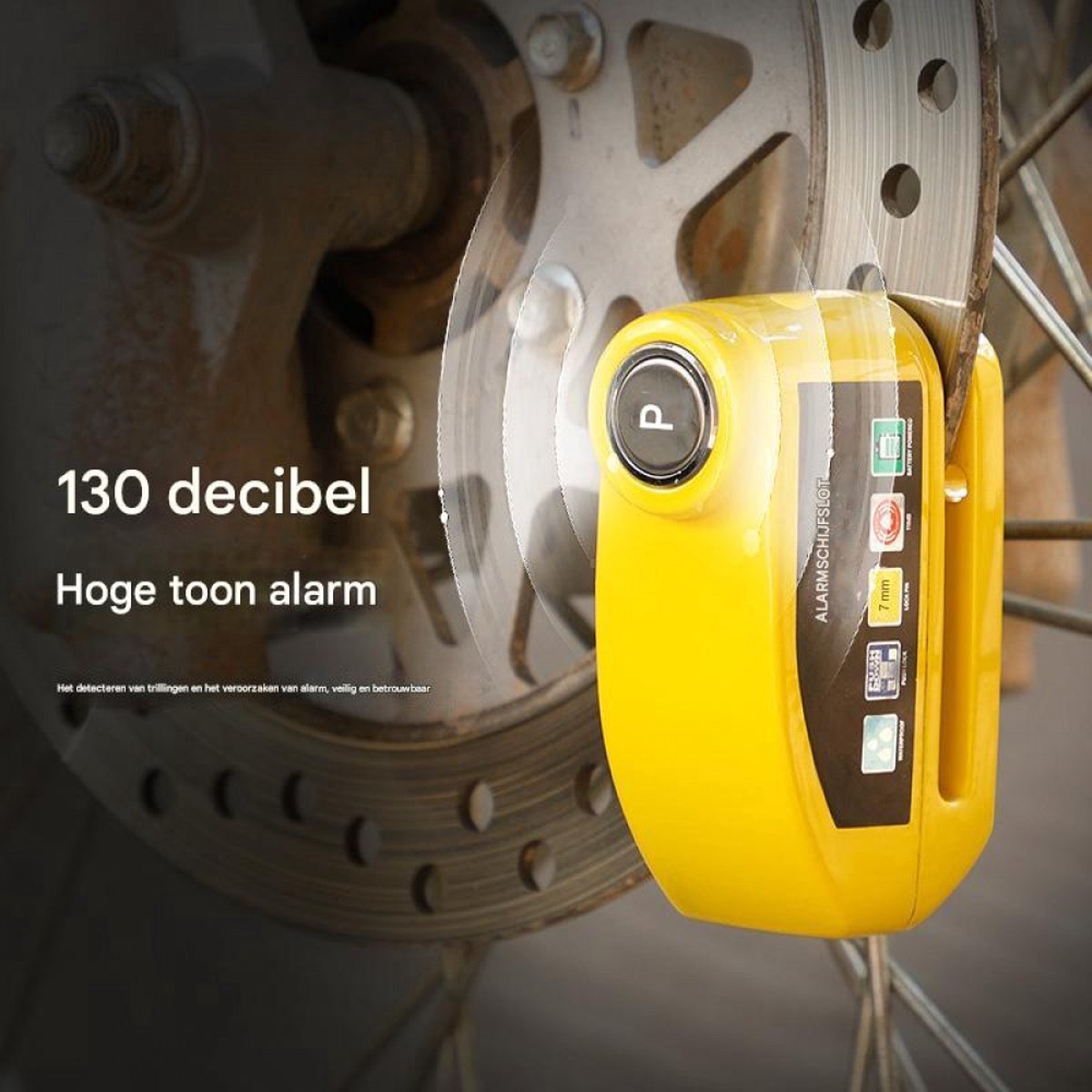 Bicycle disc brake lock - Disc brake alarm - With reminder cable - 7 mm - Motorcycle lock - Scooter lock - Disc brake lock - Yellow - Image 3