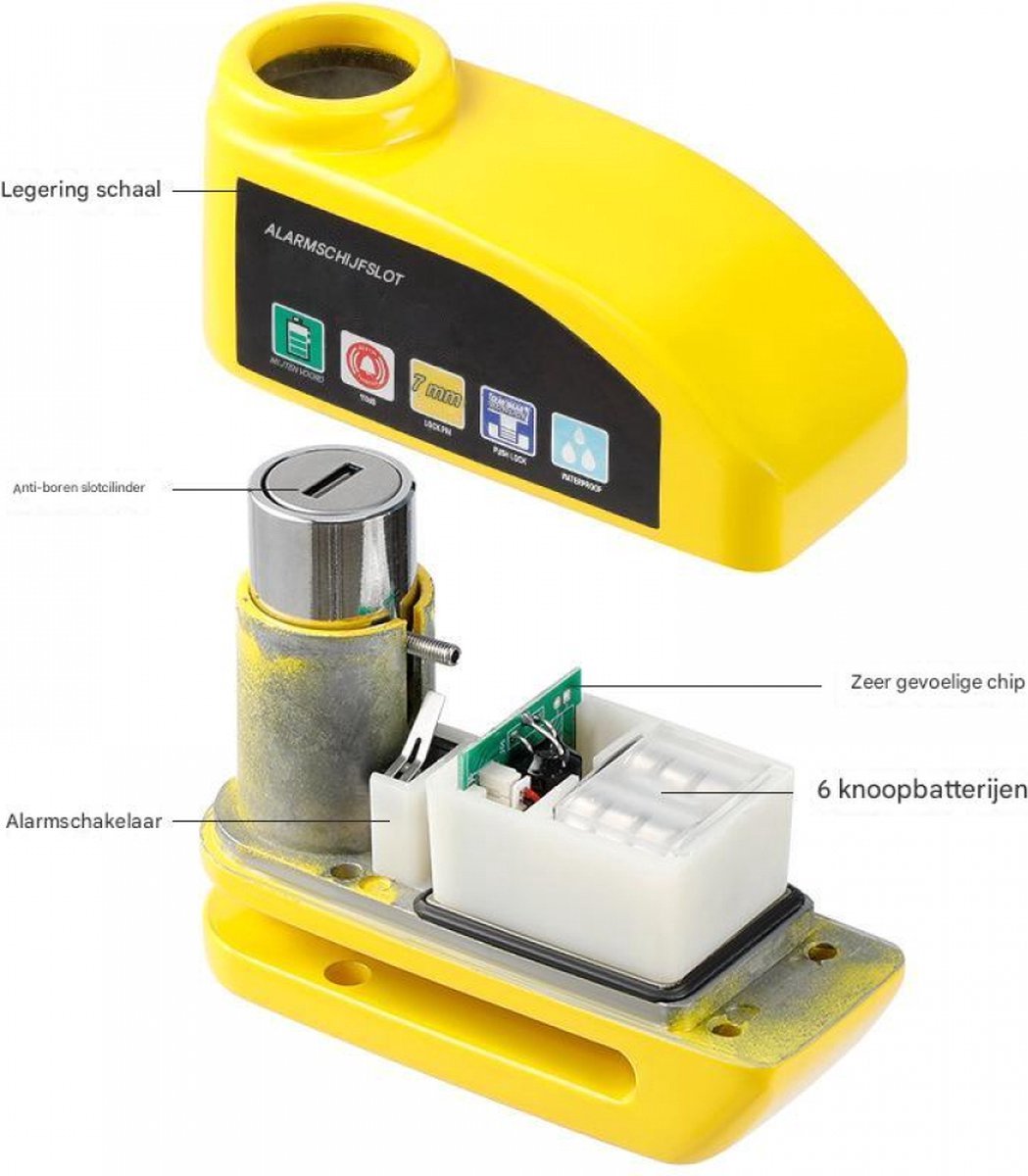 Bicycle disc brake lock - Disc brake alarm - With reminder cable - 7 mm - Motorcycle lock - Scooter lock - Disc brake lock - Yellow - Image 4