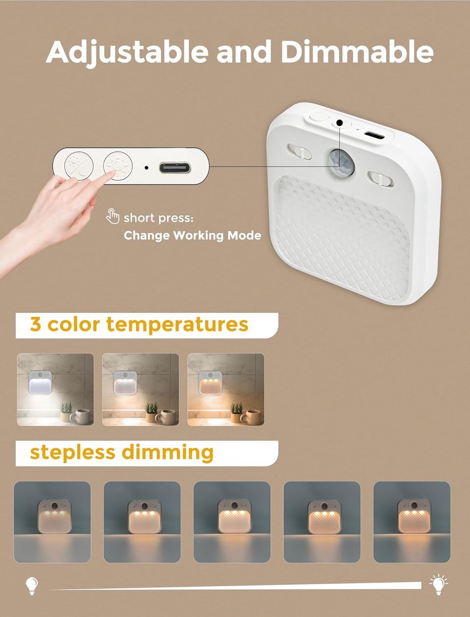 Night light - Night light plug - Children's night light - Night light with motion detector - With 3 detection modes - Rechargeable - 3 light colors - With adjustable brightness - For stairs - Hallway - Children's room - Bedroom - Image 3