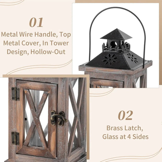 Vintage Wooden and Metal Lantern Candle Holder, Decorative Lantern Stand for Outdoor Country Wedding Centerpiece, Hanging Lamp, Farmhouse Style, Indoor and Outdoor Decoration, 28cm - Image 2