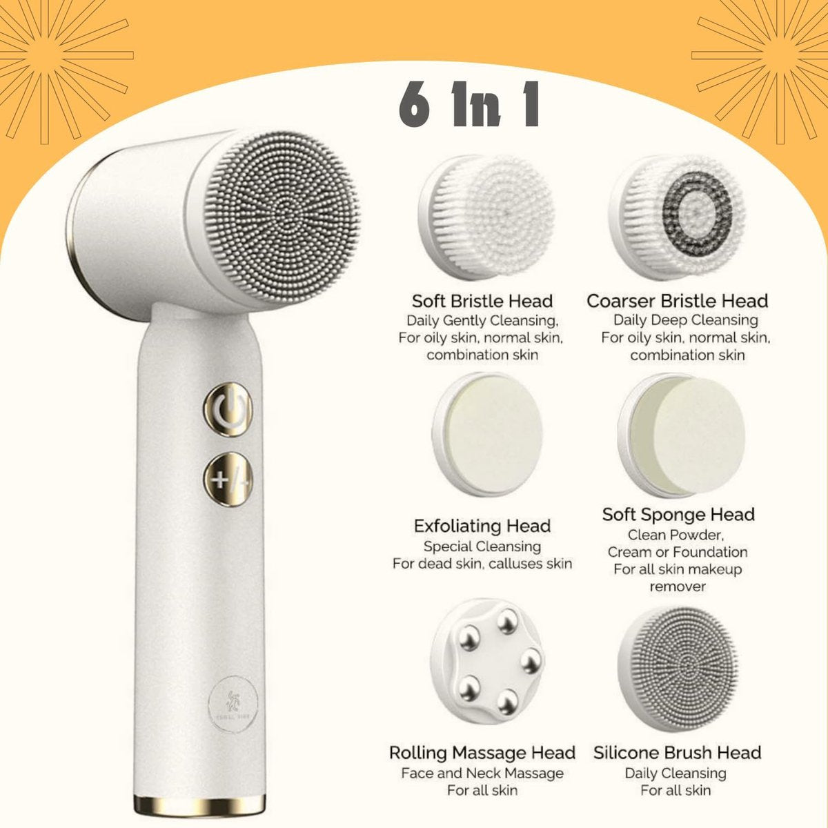 Facial Cleansing Brush - Sonic Roller - Spin - Electric Facial Cleanser - Facial Care - Keratin - Electric - Portable - Waterproof - 6 Interchangeable Brush Heads - Suitable for Women's and Men's Skin - 6 in 1 - White - Image 5