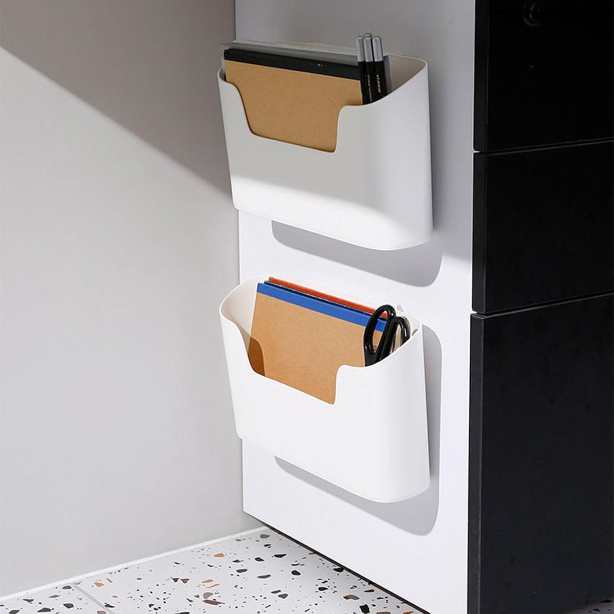 Storage boxes - Wall-mounted storage boxes - Wall-mounted filing cabinets - Mail and magazine organizers - Self-adhesive single-compartment door - No drilling required - For storing office supplies - (White, set of 2) - Image 2