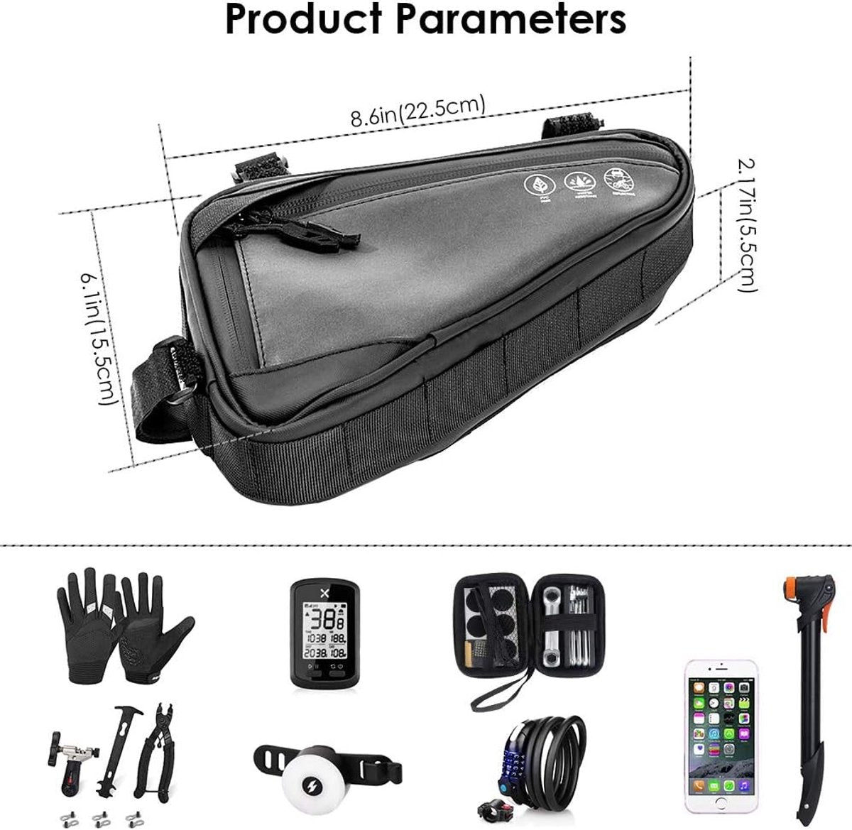 Bicycle pannier - Bicycle frame bag - Bicycle frame bag - Triangular bicycle frame bag - Storage bag - Reflective bicycle bag - Mountain bike, road bike accessories, large capacity - Black - Image 2
