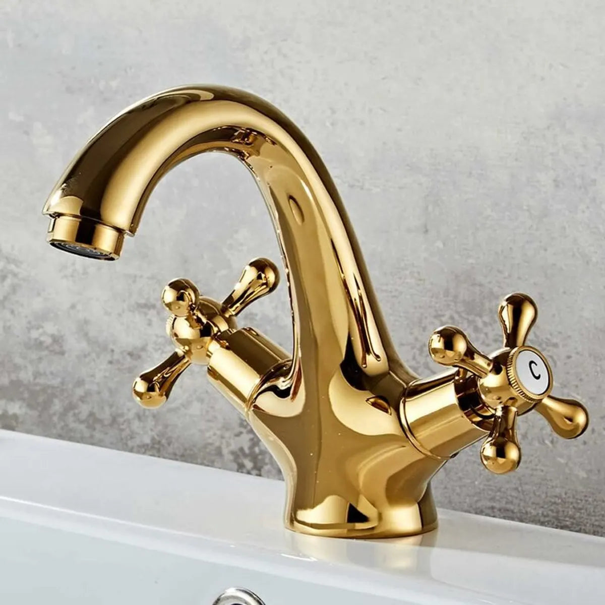 retro two-handle basin taps, in vintage antique brass, with cross handle, elegant design and simple holes, gold plated - Image 4