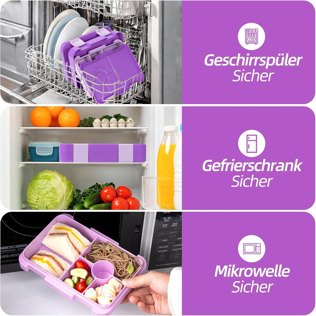 Kids Bento Lunch Box with 6 compartments for School, Kindergarten and Outdoors, Leakproof, Dishwasher Safe, BPA Free (purple) - Image 3