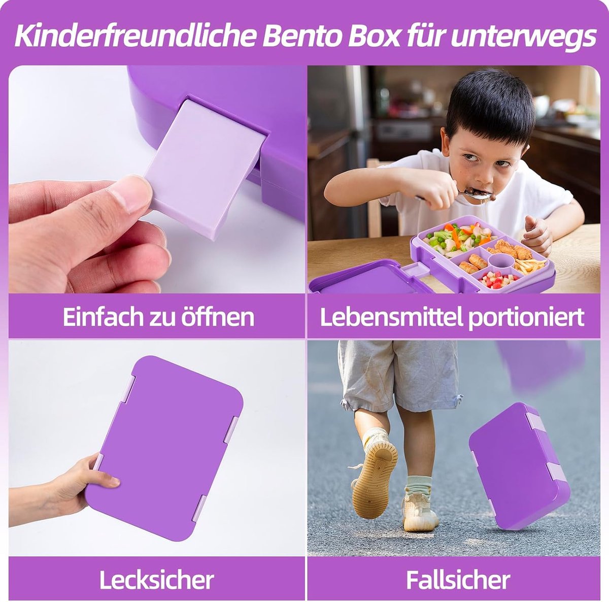 Kids Bento Lunch Box with 6 compartments for School, Kindergarten and Outdoors, Leakproof, Dishwasher Safe, BPA Free (purple) - Image 4