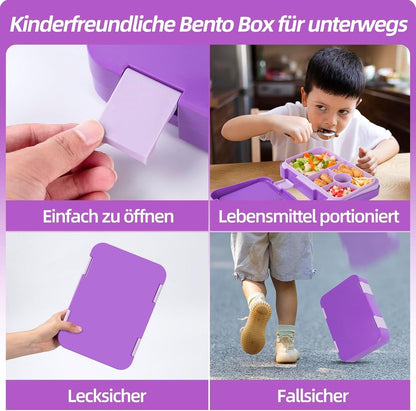 Kids Bento Lunch Box with 6 compartments for School, Kindergarten and Outdoors, Leakproof, Dishwasher Safe, BPA Free (purple) - Image 4