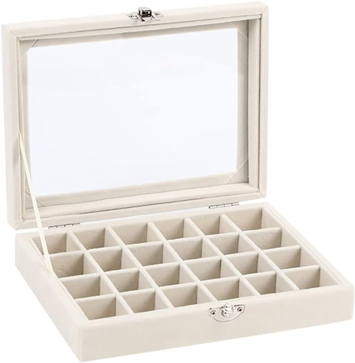 Sieradendoos - Sieradenhouder - Sieradendoos voor volwassenen - Sieradendoos voor meisjes - Sieradendoos van fluweel met deksel glazen - 24 compartmenten - Beige