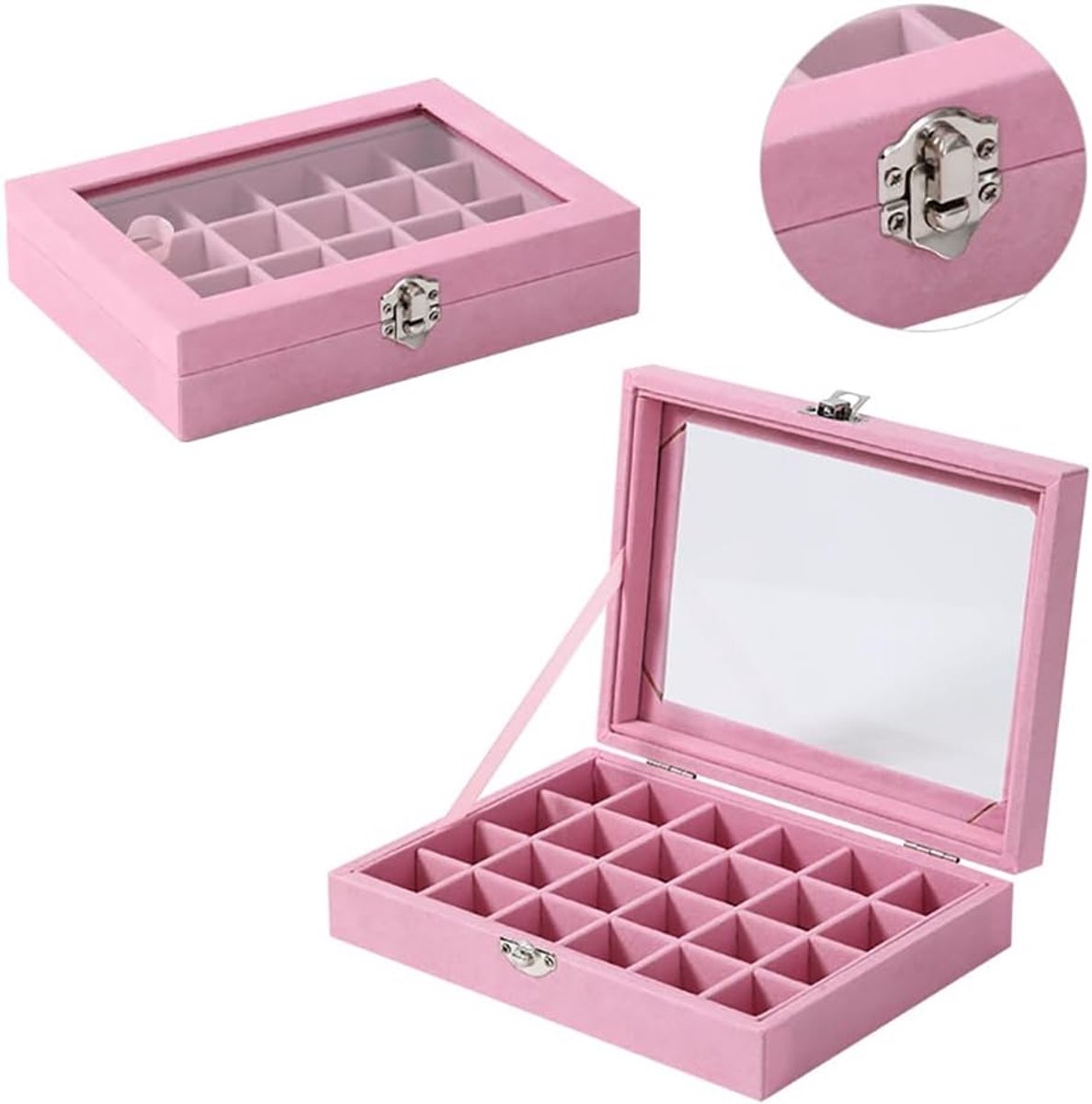 Sieradendoos - Sieradenhouder - Sieradendoos voor volwassenen - Sieradendoos voor meisjes - Sieradendoos van fluweel met deksel glazen - 24 compartmenten - Beige - Image 2
