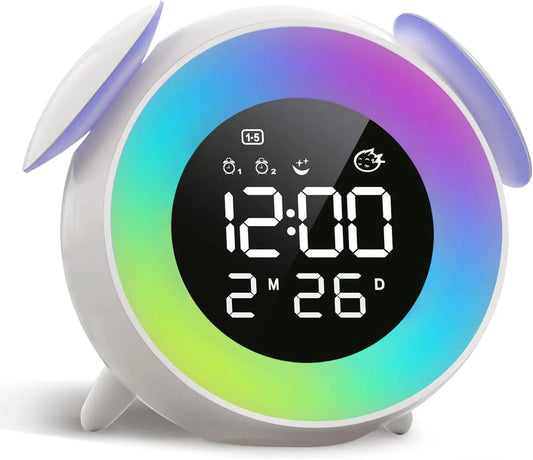 Children's alarm clock, educational day/night alarm clock with 15-color night light, snooze function, 2 alarms, weekday/weekend mode, digital alarm clock for girls and boys