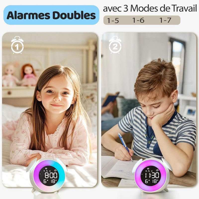 Children's alarm clock, educational day/night alarm clock with 15-color night light, snooze function, 2 alarms, weekday/weekend mode, digital alarm clock for girls and boys - Image 2