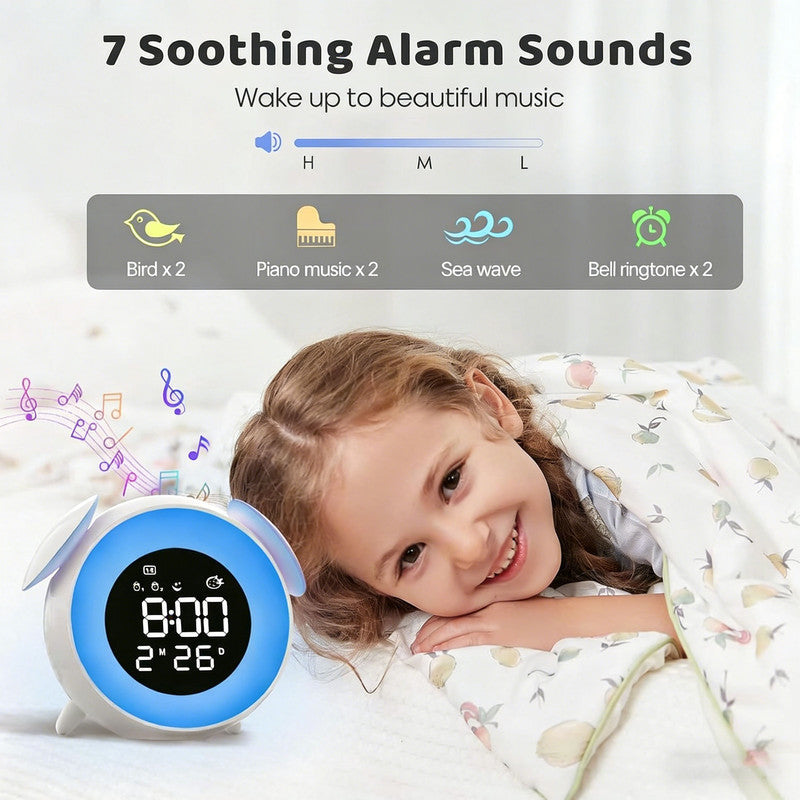 Children's alarm clock, educational day/night alarm clock with 15-color night light, snooze function, 2 alarms, weekday/weekend mode, digital alarm clock for girls and boys - Image 3