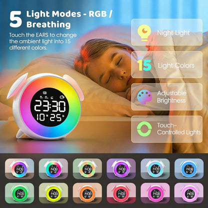 Children's alarm clock, educational day/night alarm clock with 15-color night light, snooze function, 2 alarms, weekday/weekend mode, digital alarm clock for girls and boys - Image 4