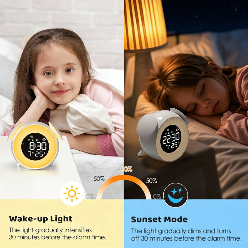 Children's alarm clock, educational day/night alarm clock with 15-color night light, snooze function, 2 alarms, weekday/weekend mode, digital alarm clock for girls and boys - Image 5