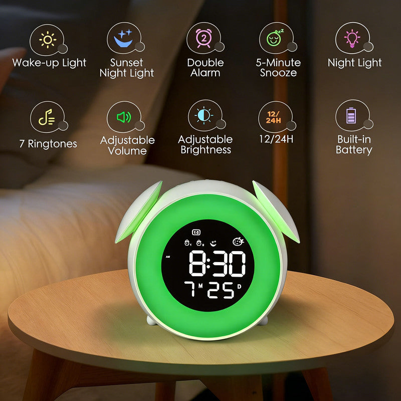 Children's alarm clock, educational day/night alarm clock with 15-color night light, snooze function, 2 alarms, weekday/weekend mode, digital alarm clock for girls and boys - Image 6