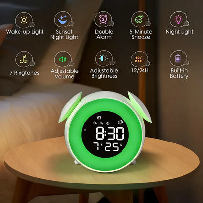 Children's alarm clock, educational day/night alarm clock with 15-color night light, snooze function, 2 alarms, weekday/weekend mode, digital alarm clock for girls and boys - Image 6
