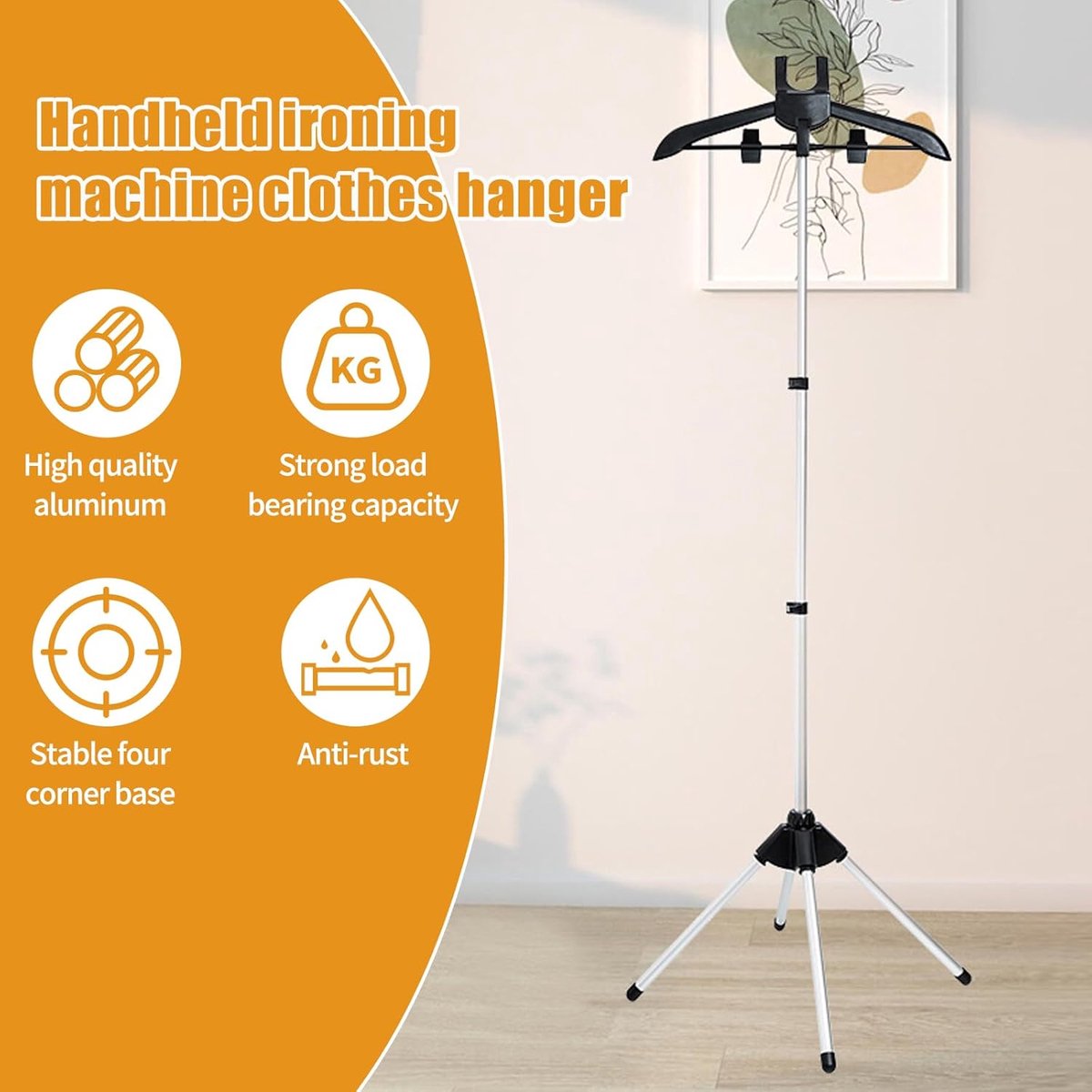 Hanger - Folding ironing hanger - Garment steamer hanger - Folding hanger - Hanger for portable garment steamer with ironing gloves - Telescopic support - Folding garment steamer hanger (black) - Image 5