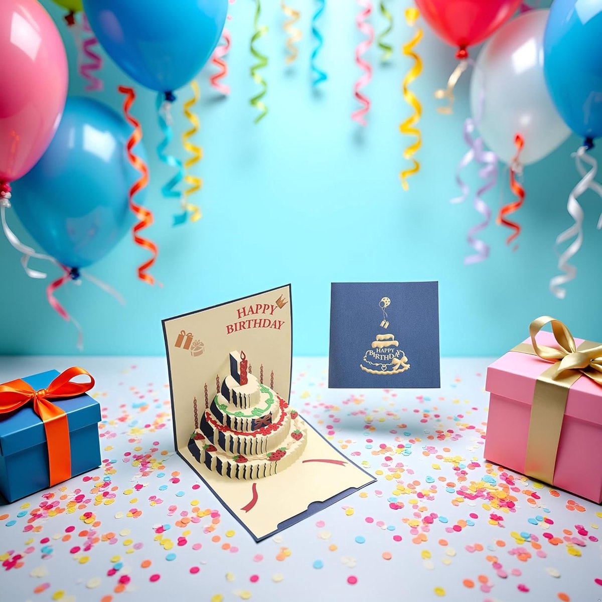 10 pcs Greeting cards - Blue pop-up birthday cake card - 3D birthday card - Pop-up cards - Cake greeting cards - Postcards - Perfect for a friend, wife, husband, or partner - Humorous card - Gift accessories - Image 4